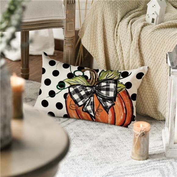 Fall Polka Dot Pumpkin Throw Pillow Cover12x20 Inch, Autumn & Thanksgiving Decor - Picture 4 of 7